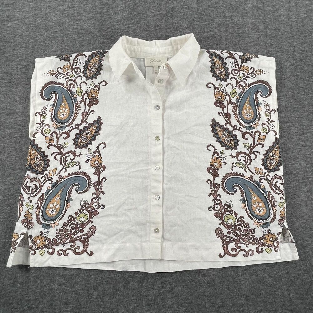 Cleobella XS White Paisley Coastal Linen Blend Lagenlook Cropped Boho Blouse - Picture 5 of 13